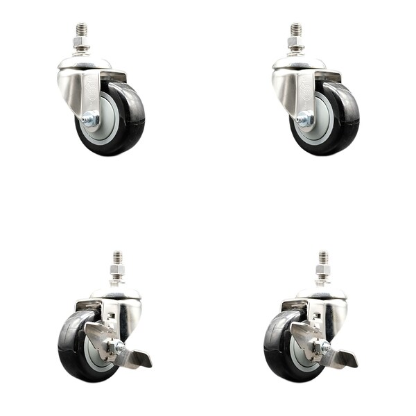 Service Caster 3 Inch 316SS Black Polyurethane Swivel 12mm Threaded Stem Caster Brake, 2PK SS316TS20S314-PPUB-BLK-M1215-2-TLB-2 - main